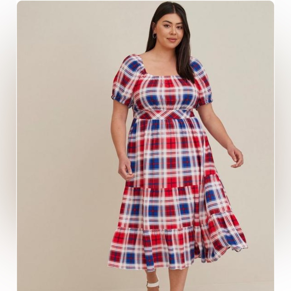Puff Sleeve Tiered Maxi Dress - Challis Plaid Red & Blue